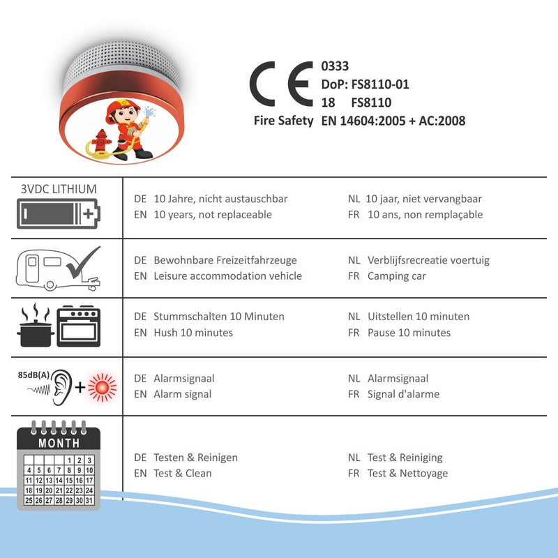 Kids Rookmelder Brandweerman met 10 jaar batterij (FS8110)