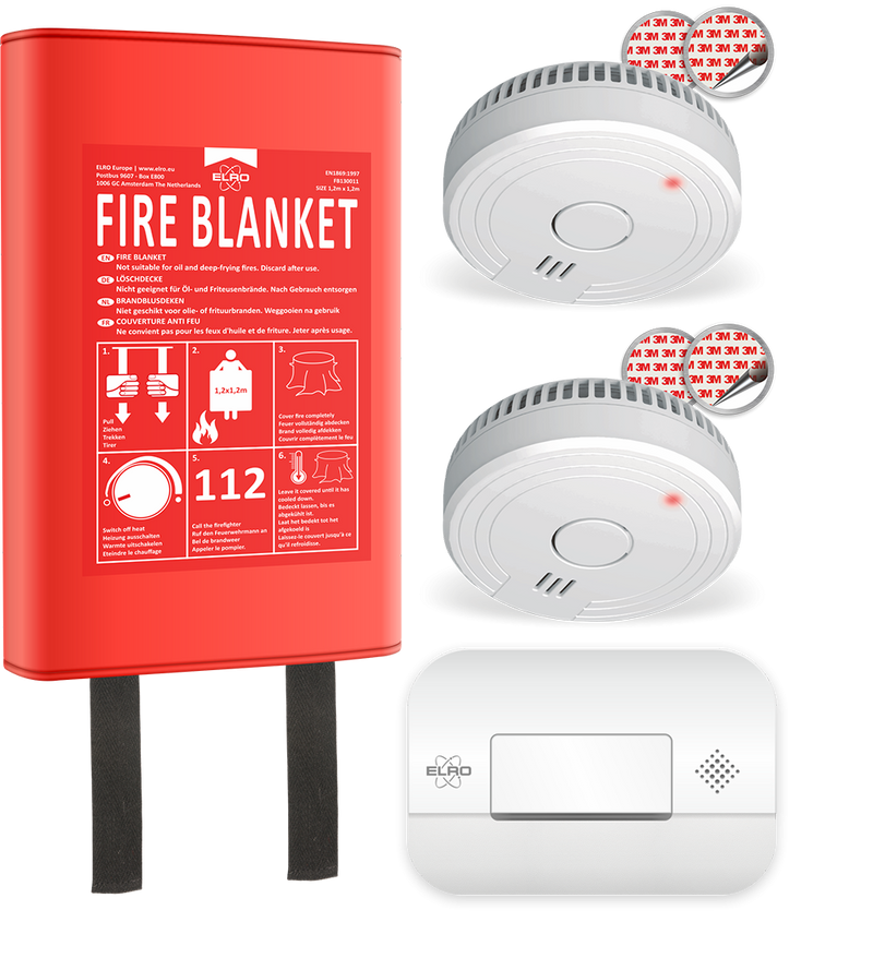 Brandpreventieset uitgebreid - 2x Rookmelder, 1x CO Melder, 1x Blusdeken Hardcover 1,2m (FF0404)